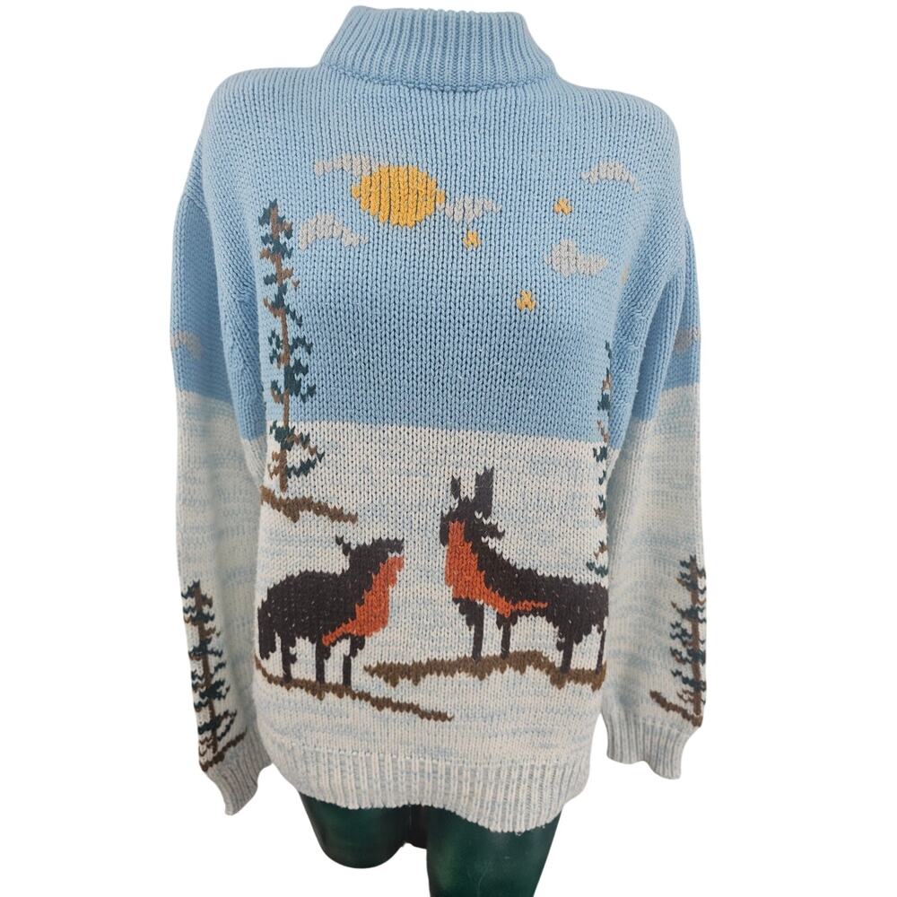 Vintage Ski Sweater Blue Mountain Scene Winter Pullover Cabincore Womens XL 3930